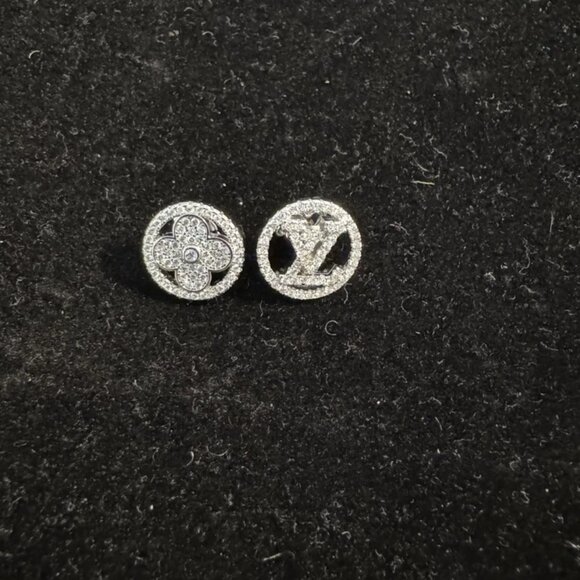 Louis Vuitton Silver Tone Crystal Stud Style Earrings with Flower Logo - Picture 1 of 5